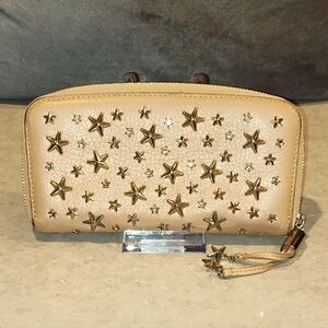 EUC JIMMY CHOO FILIPA LONG ZIP WALLET PEARLIZED METALLIC LEATHER STAR STUDDED